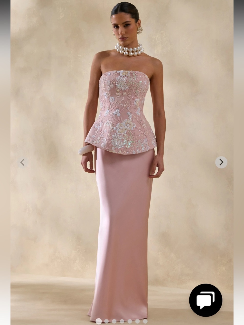 Strapless Pink Peplum Evening Gown with Floral Embroidery